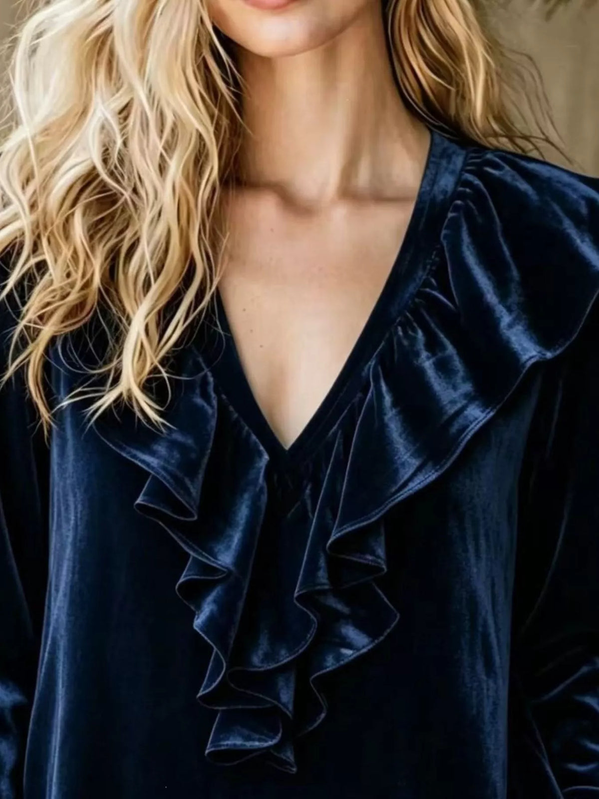Full Size Velvet Ruffle V-Neck Blouse Plus Size