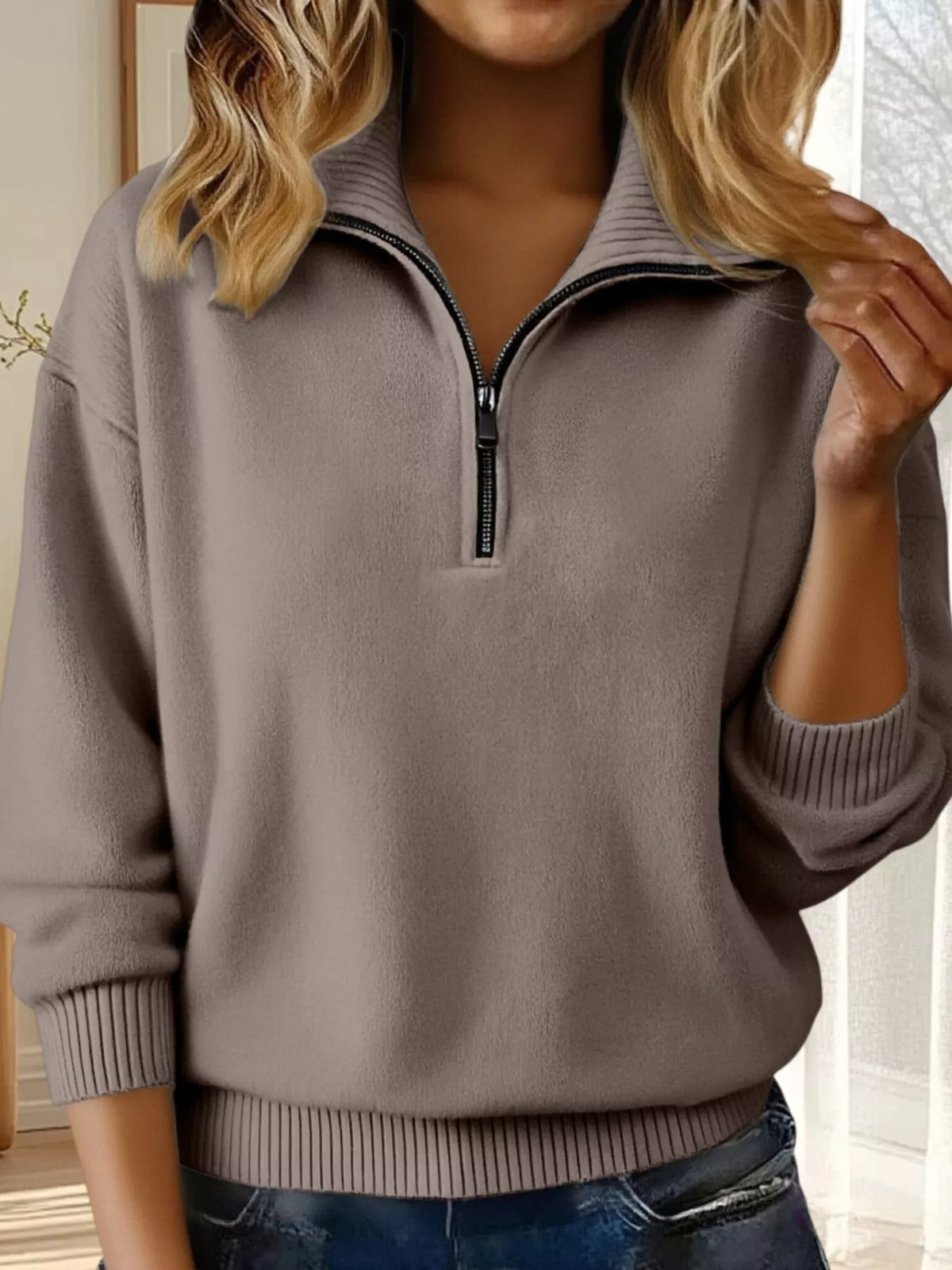 Full Size Half Zip Dropped Shoulder Sweater Plus Size - Camel