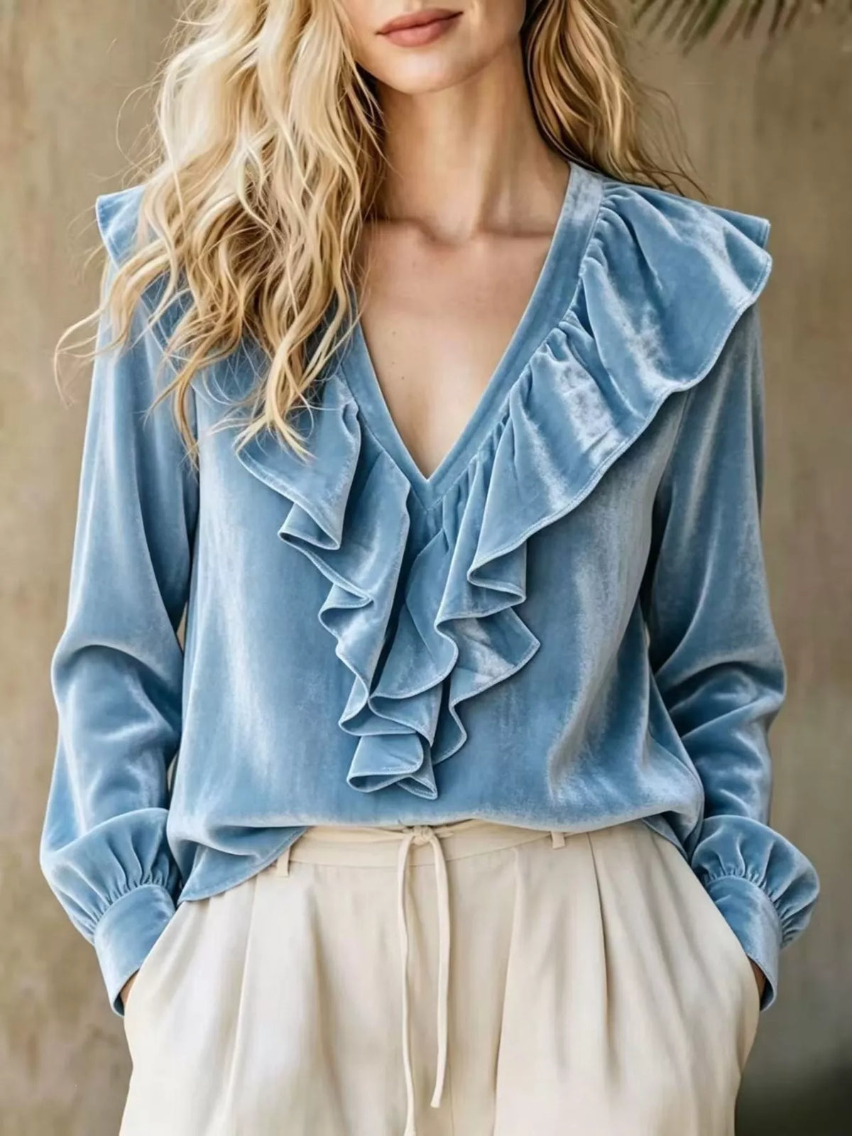 Full Size Velvet Ruffle V-Neck Blouse Plus Size - Cerulean