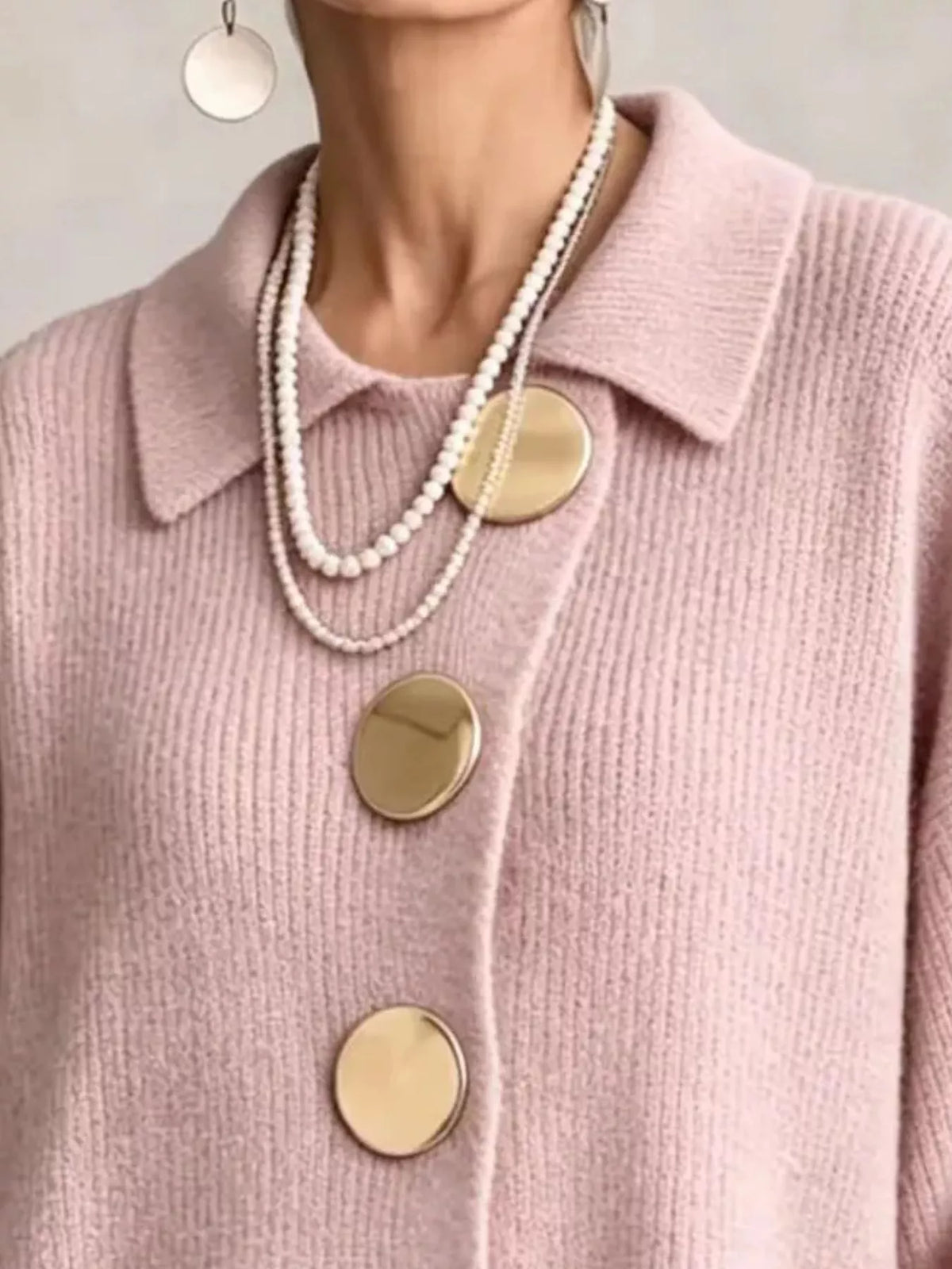 Full Size Gold Buttons Lantern Sleeve Cardigan Plus Size