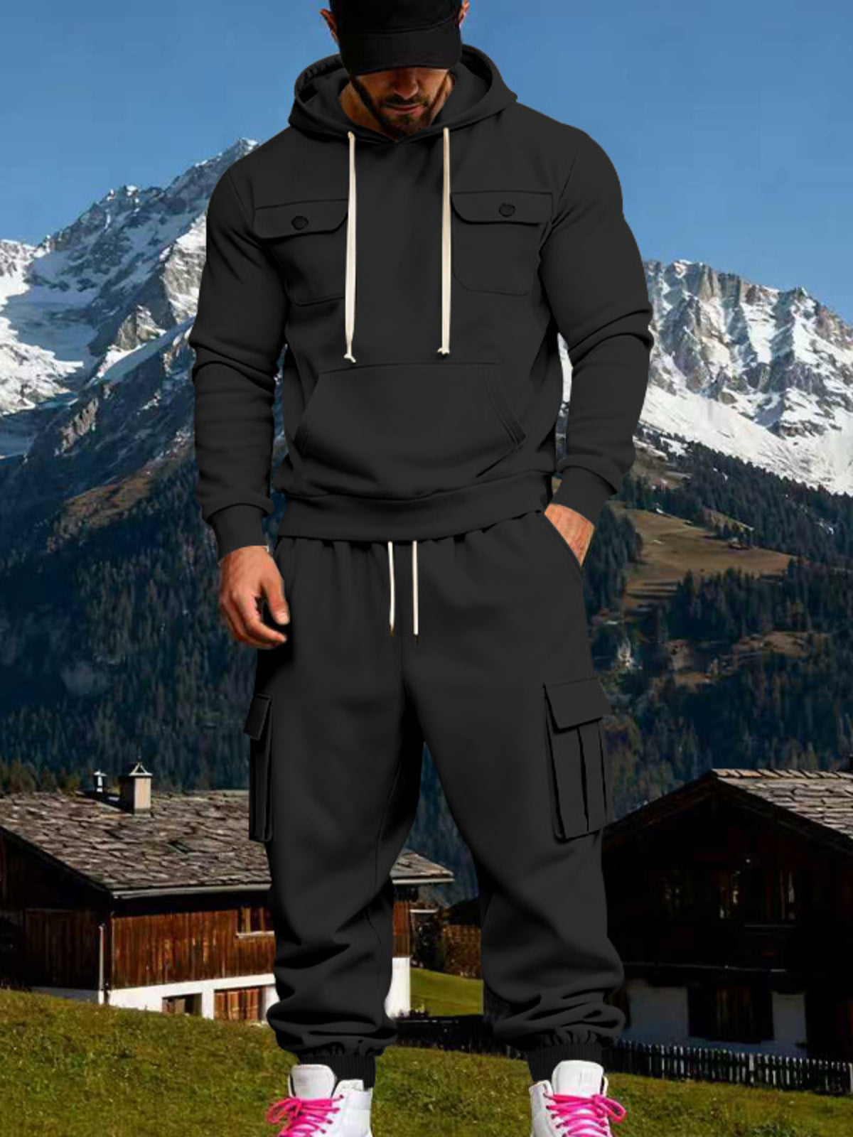 Men's Full Size Kangaroo Pocket Hoodie and Sweatpants Two-Piece Set Plus Size - Black