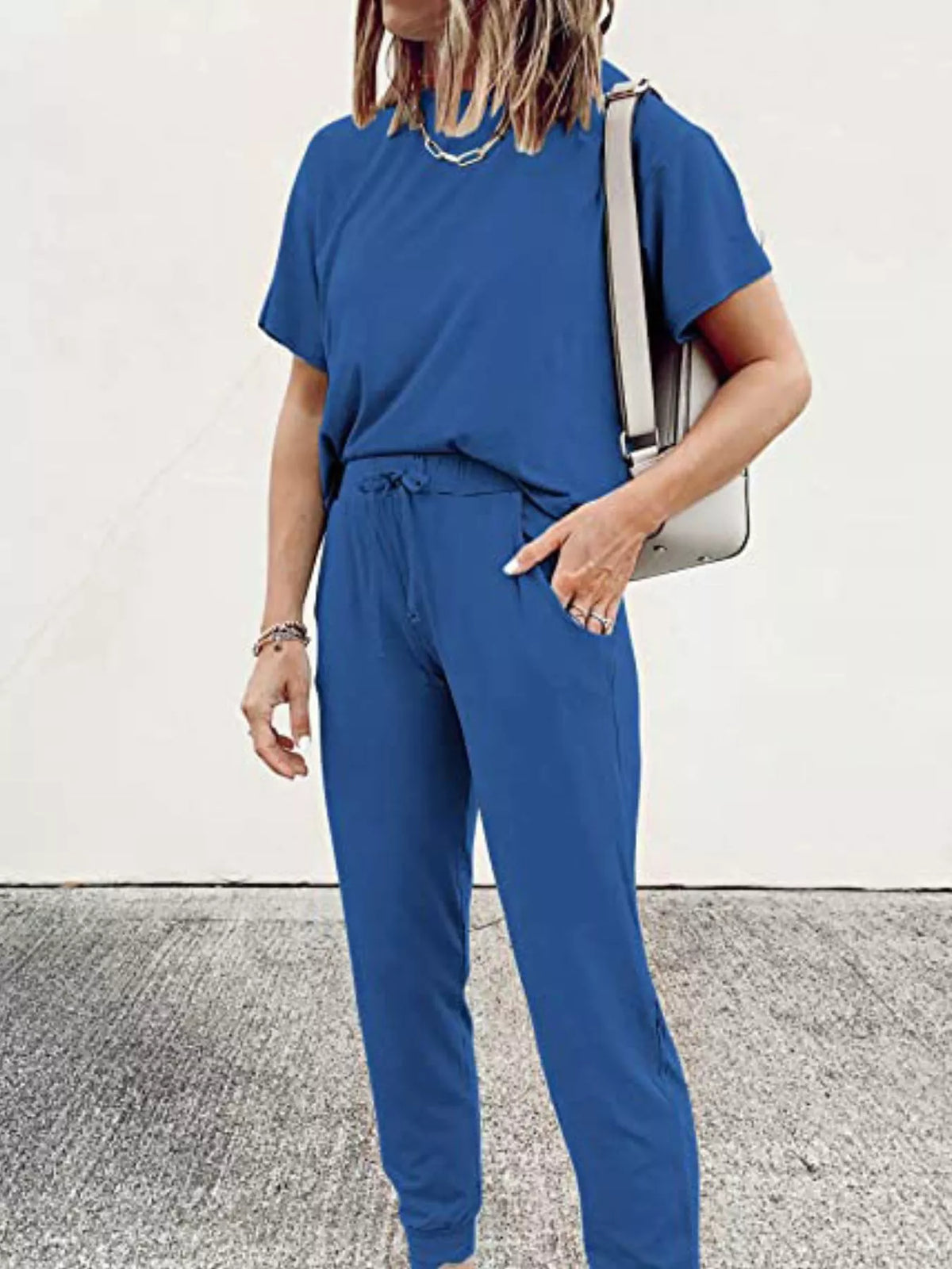Full Size Round Neck Top and Drawstring Pants Set Plus Size - Color Blue