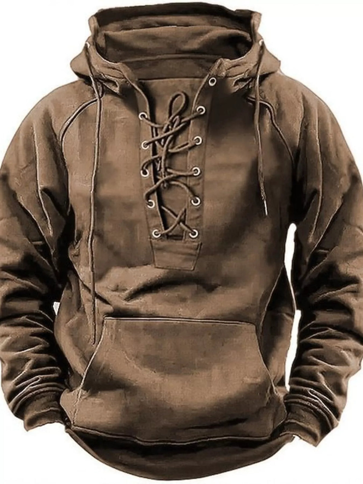 Men's Full Size Lace Up Front Raglan Sleeve Hoodie Plus Size - Khaki