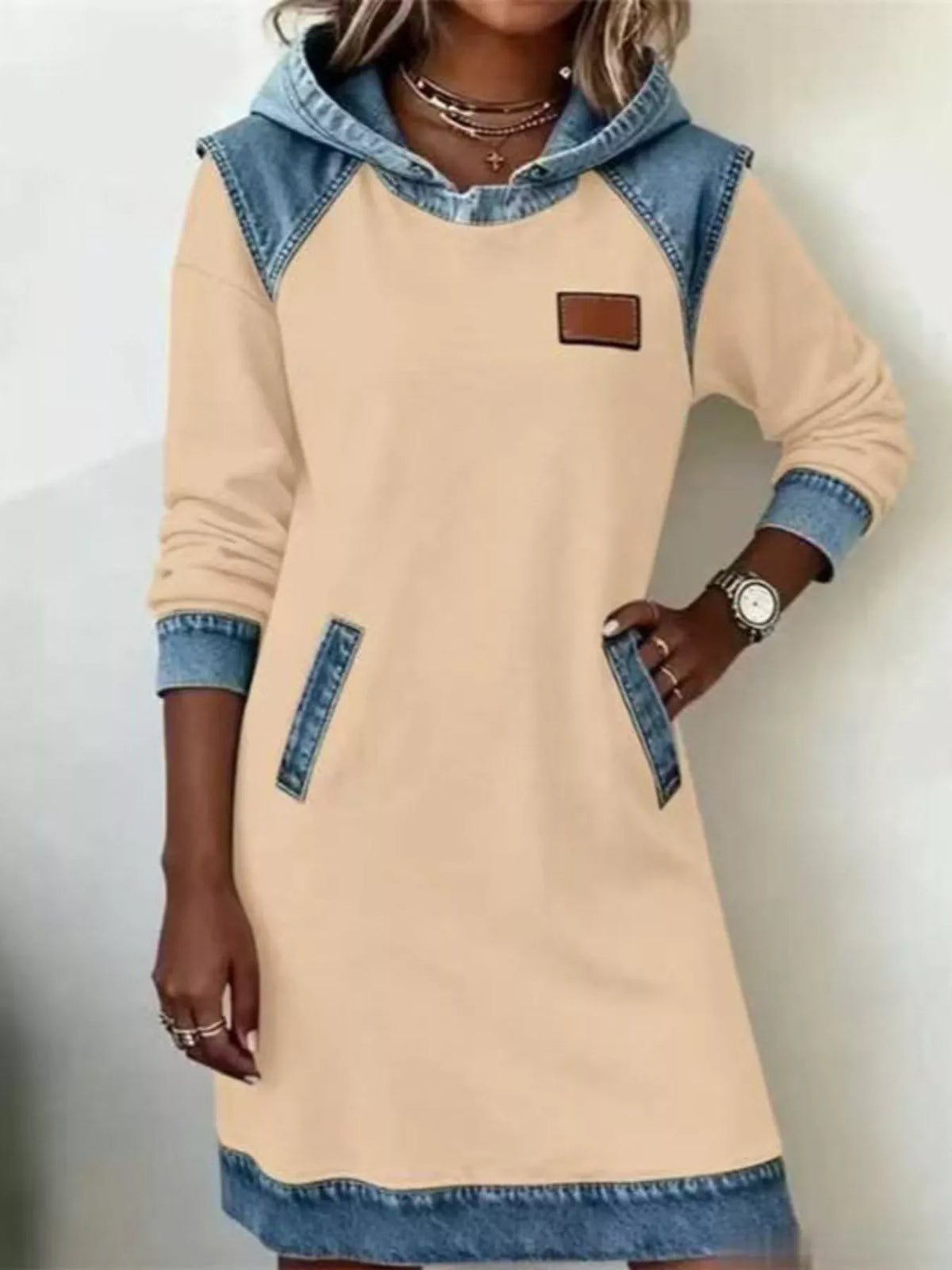 Full Size Denim Patchwork Hooded Sweatshirt Dress Plus Size - Tan