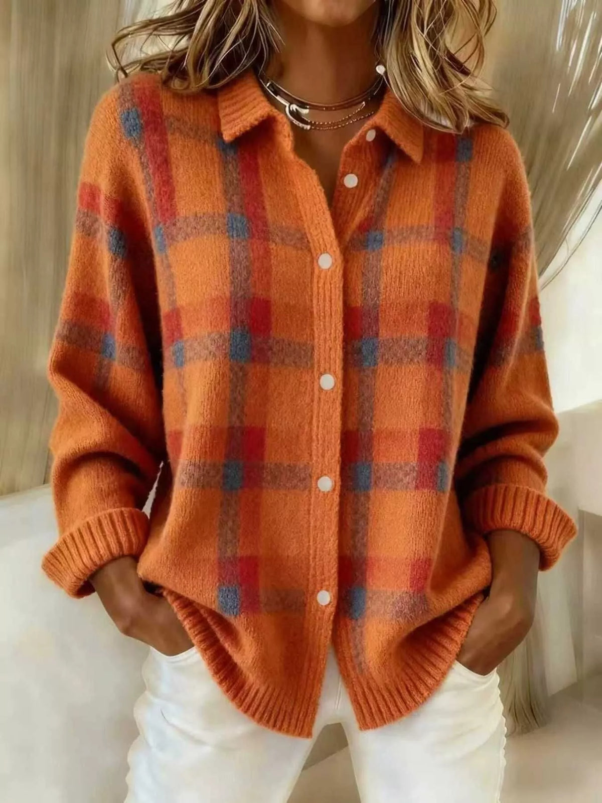 Full Size Plaid Button-Down Knit Cardigan Plus Size - Orange