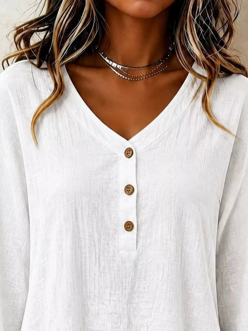 V-Neck Long Sleeve Button Detail Ruffled Hem Blouse