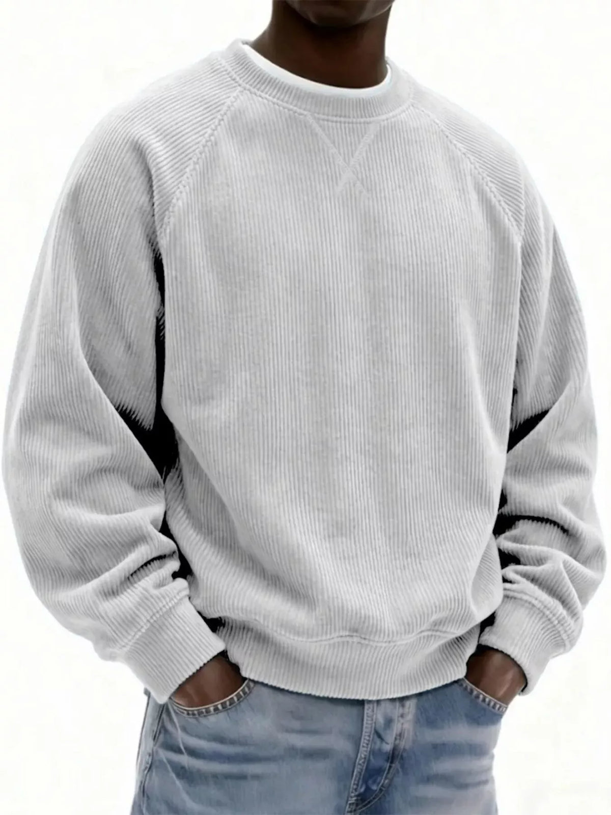 Men's Full Size Corduroy Crew Neck Sweatshirt Plus Size - White