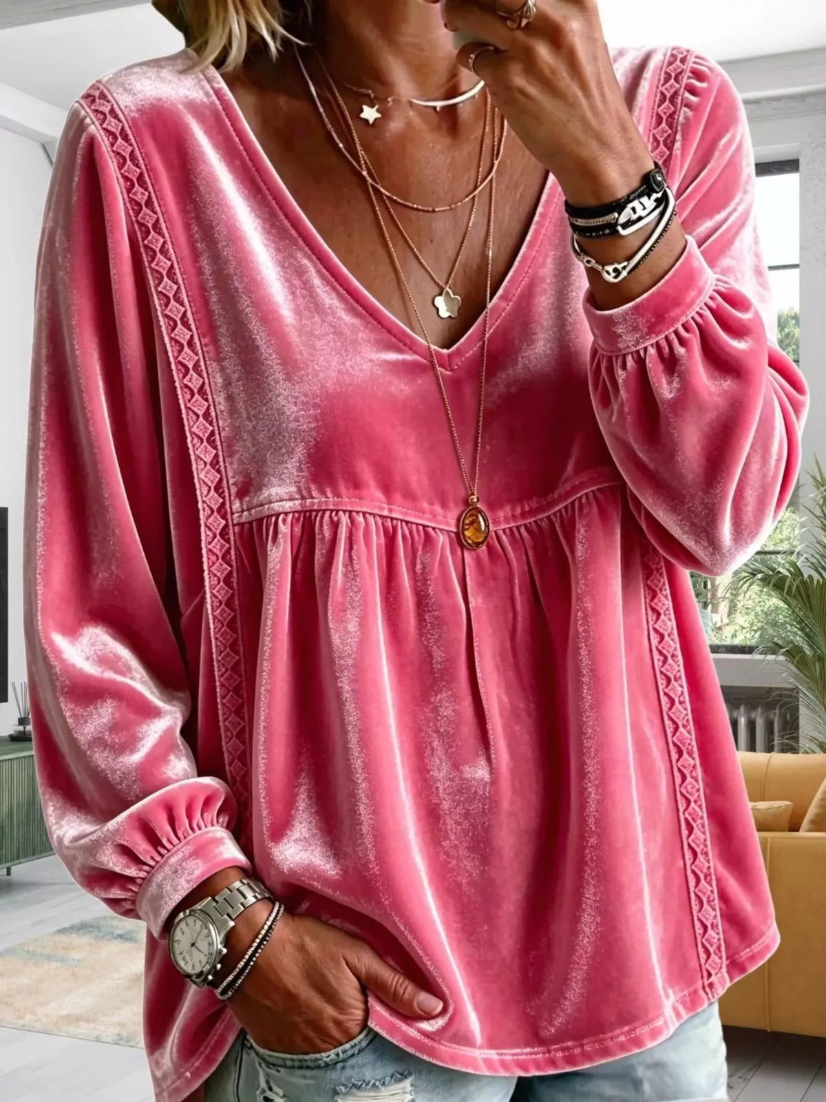 Full Size Velvet Lace Detail V-Neck Blouse Plus Size - Fuchsia Pink