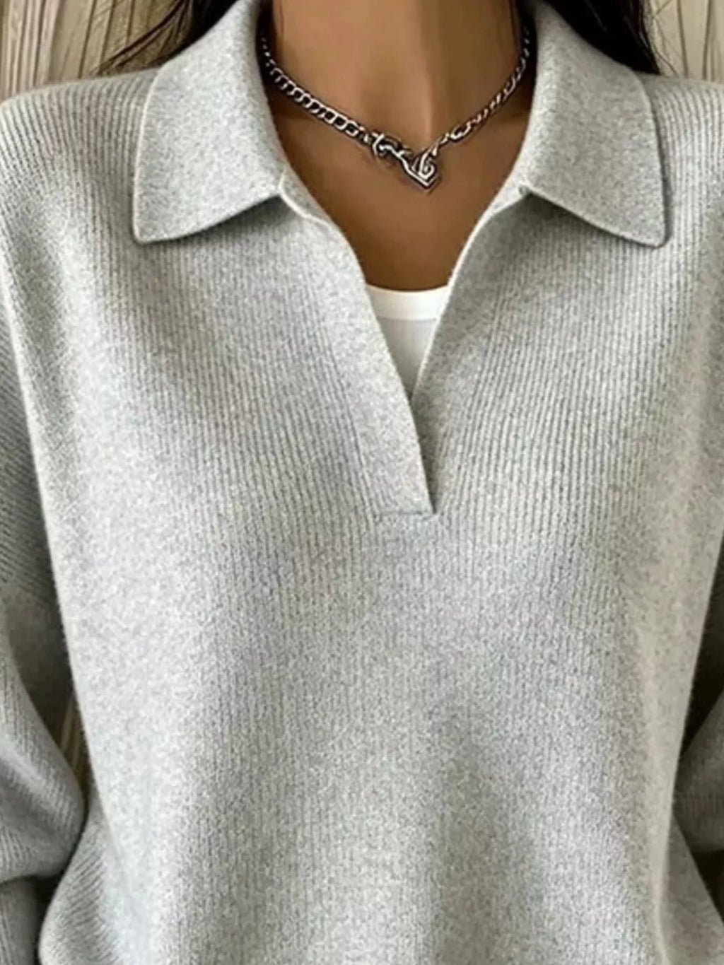 Ribbed Knit Polo Collar Sweater