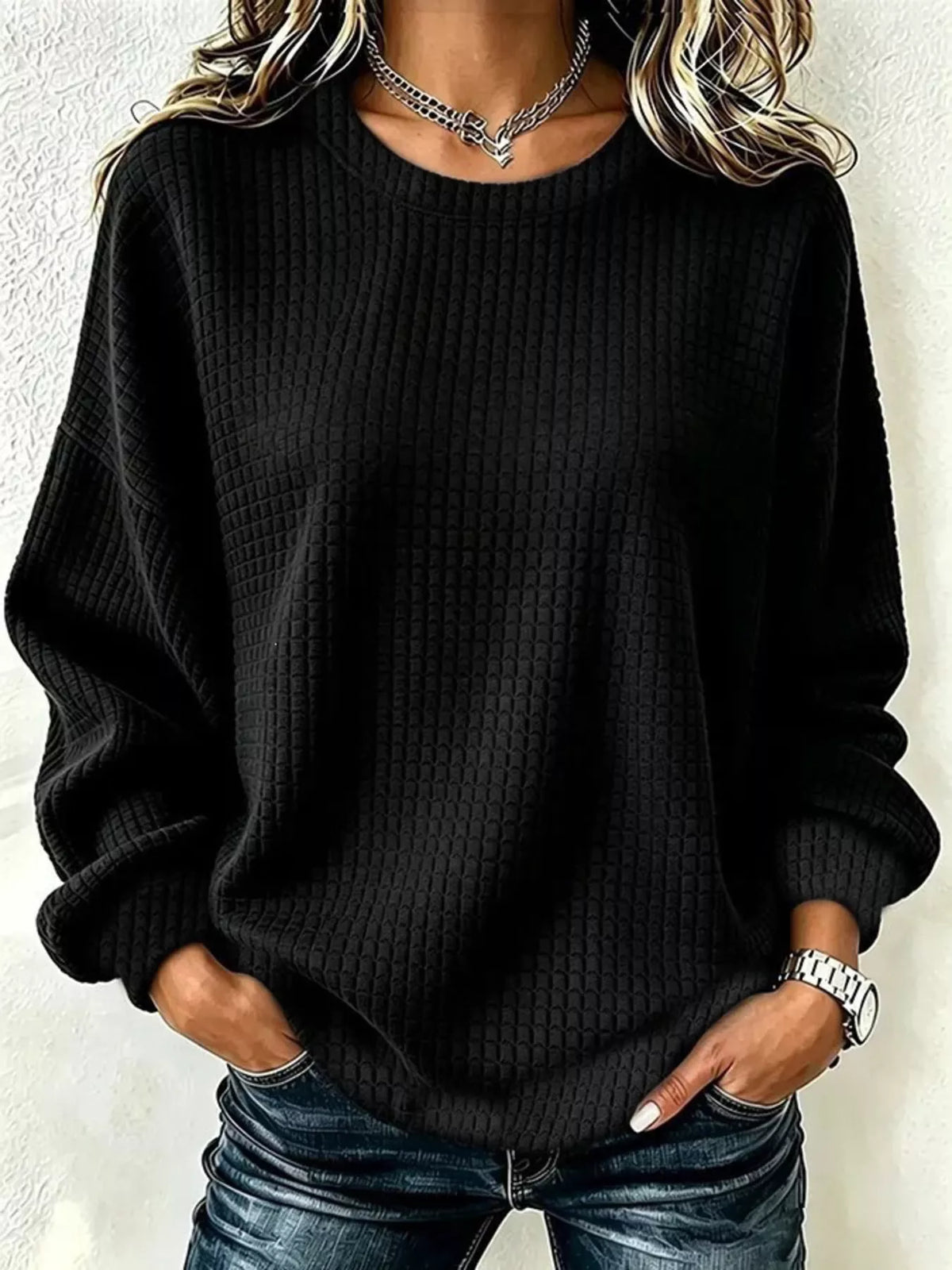 Full Size Waffle Knit Long Sleeve Crew Neck Sweatshirt Plus Size - Black