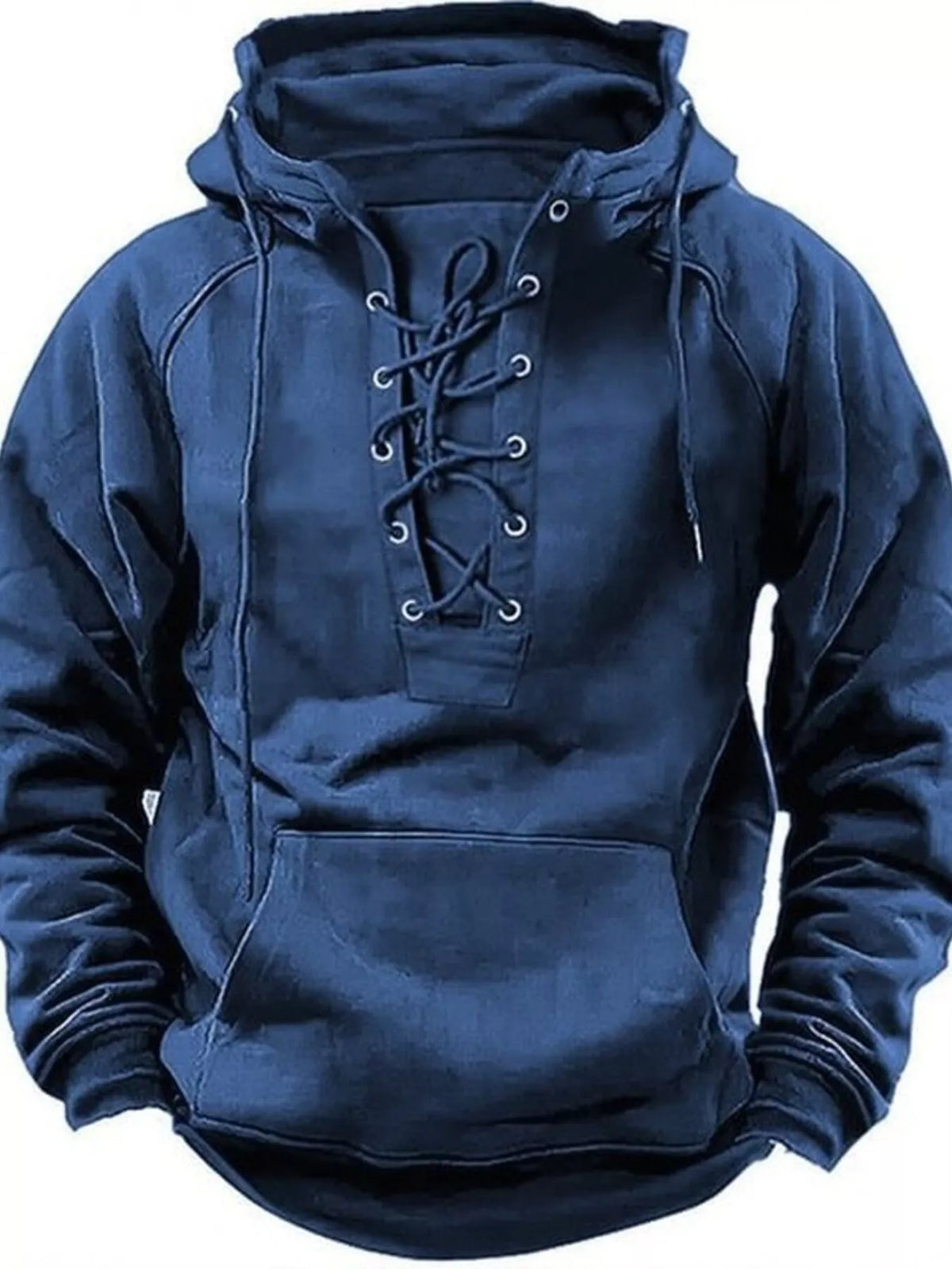 Men's Full Size Lace Up Front Raglan Sleeve Hoodie Plus Size - Blue