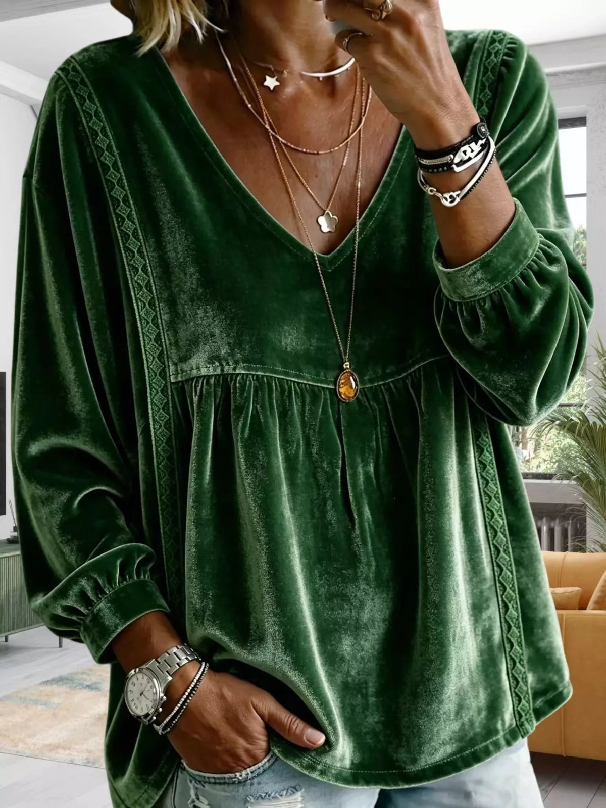 Full Size Velvet Lace Detail V-Neck Blouse Plus Size - Dark Green