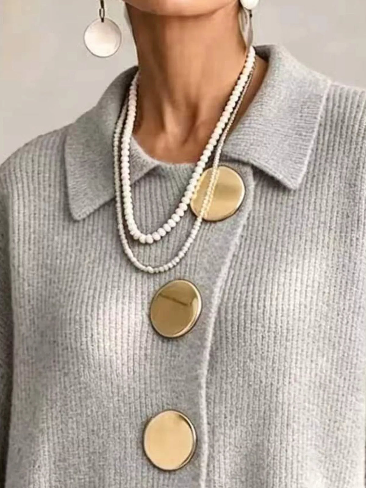Full Size Gold Buttons Lantern Sleeve Cardigan Plus Size