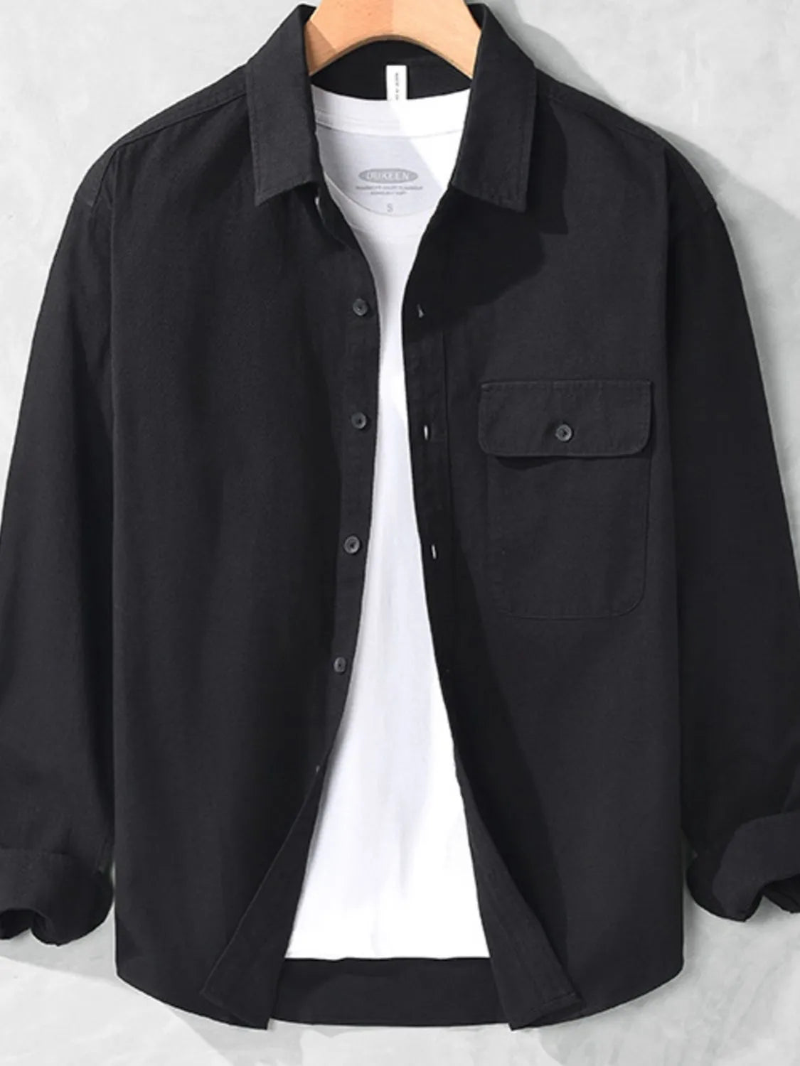 Men's Plus Size Casual Button-Down Shirt with Chest Pocket - Black