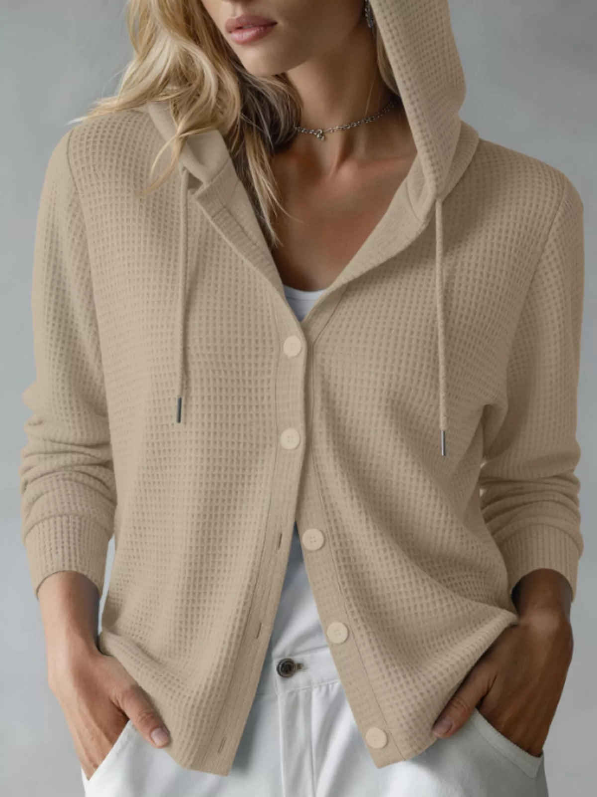 Waffle Knit Button-Down Hooded Cardigan - Tan