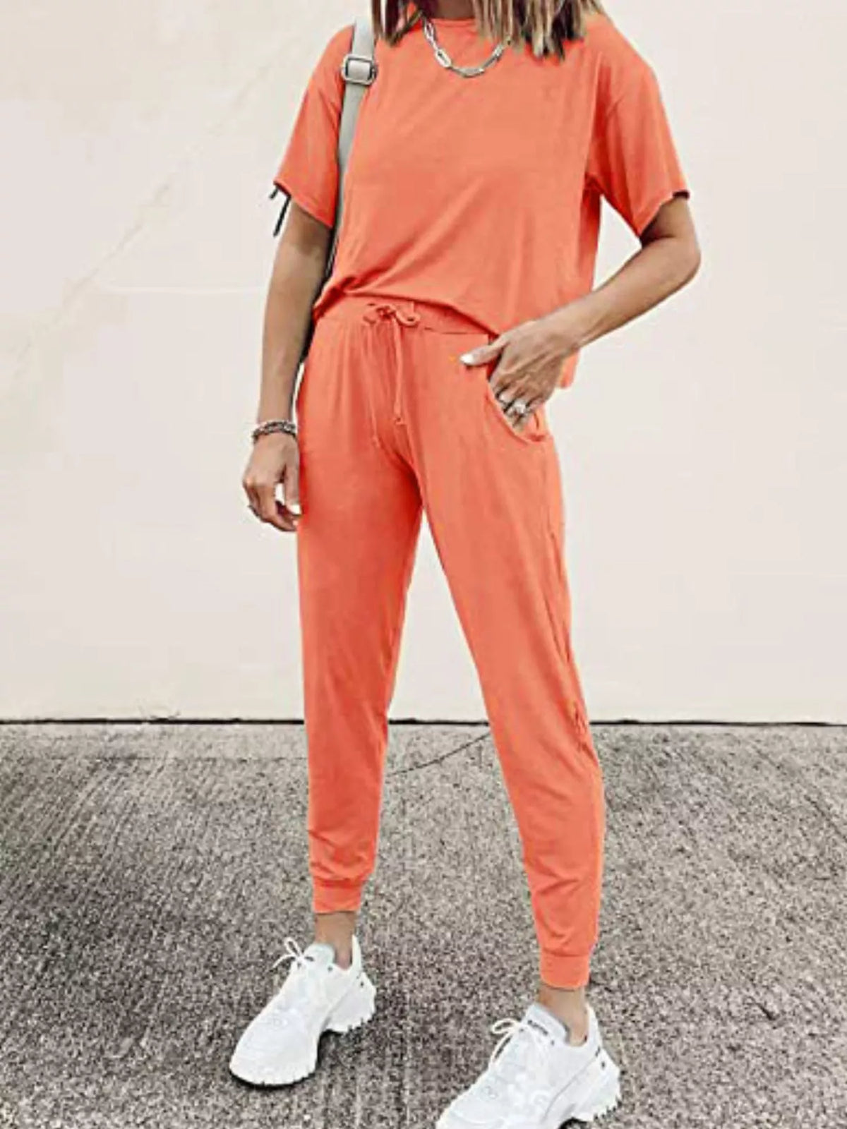 Full Size Round Neck Top and Drawstring Pants Set Plus Size - Watermelon Red