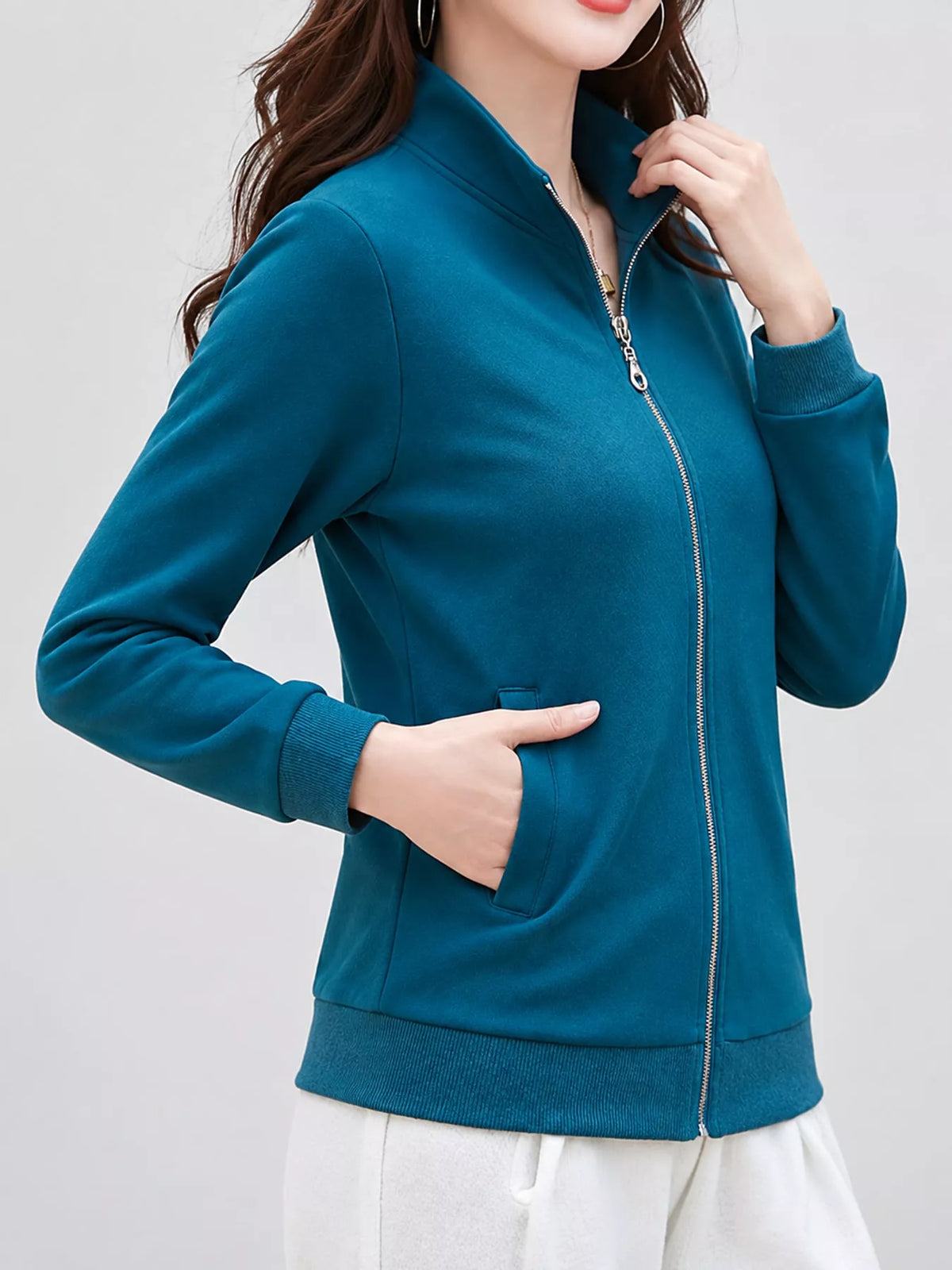 Full Size Stand-Collar Zip-Up Sweatshirt Plus Size