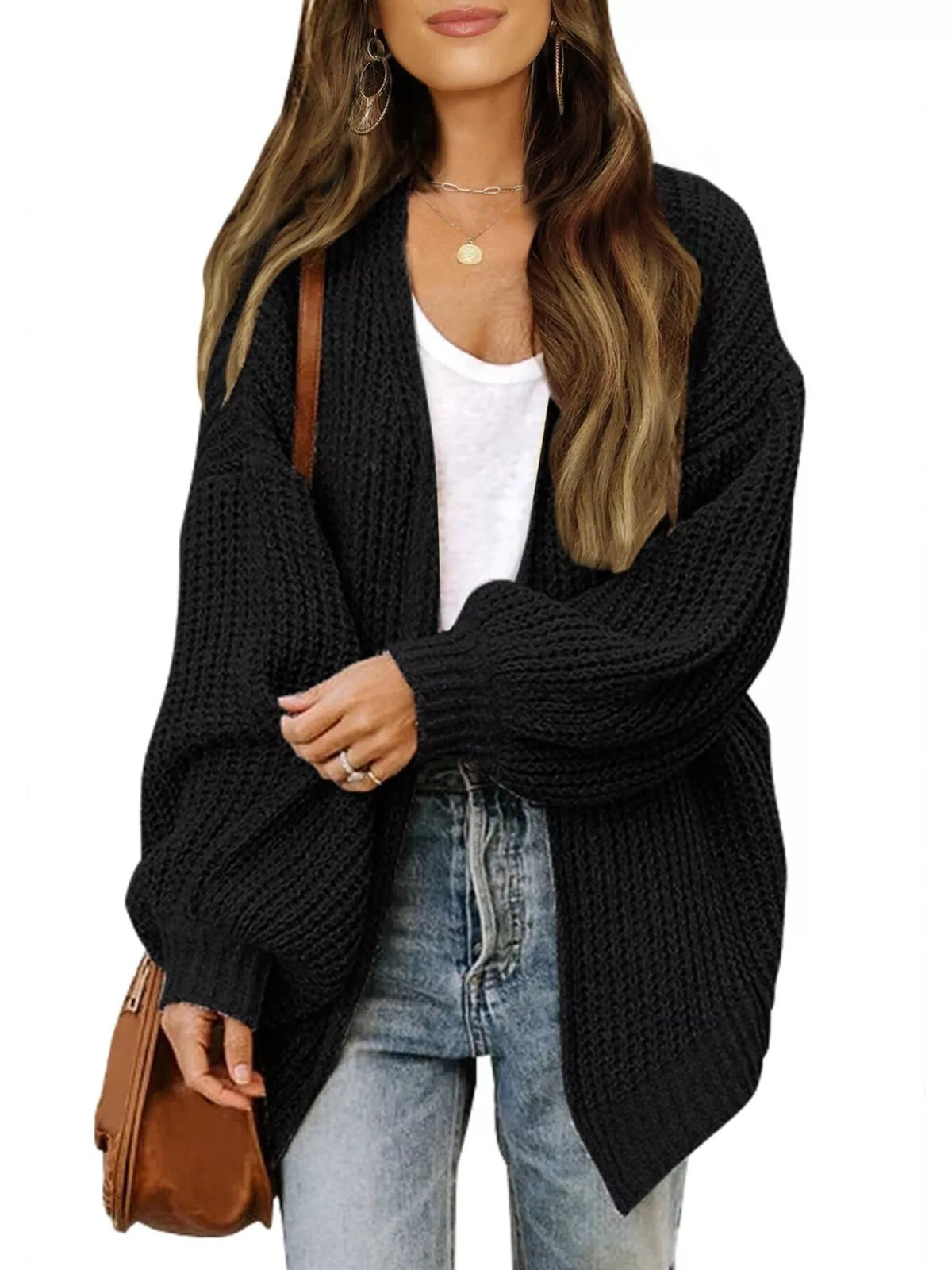 Open-Front Chunky Knit Cardigan - Black