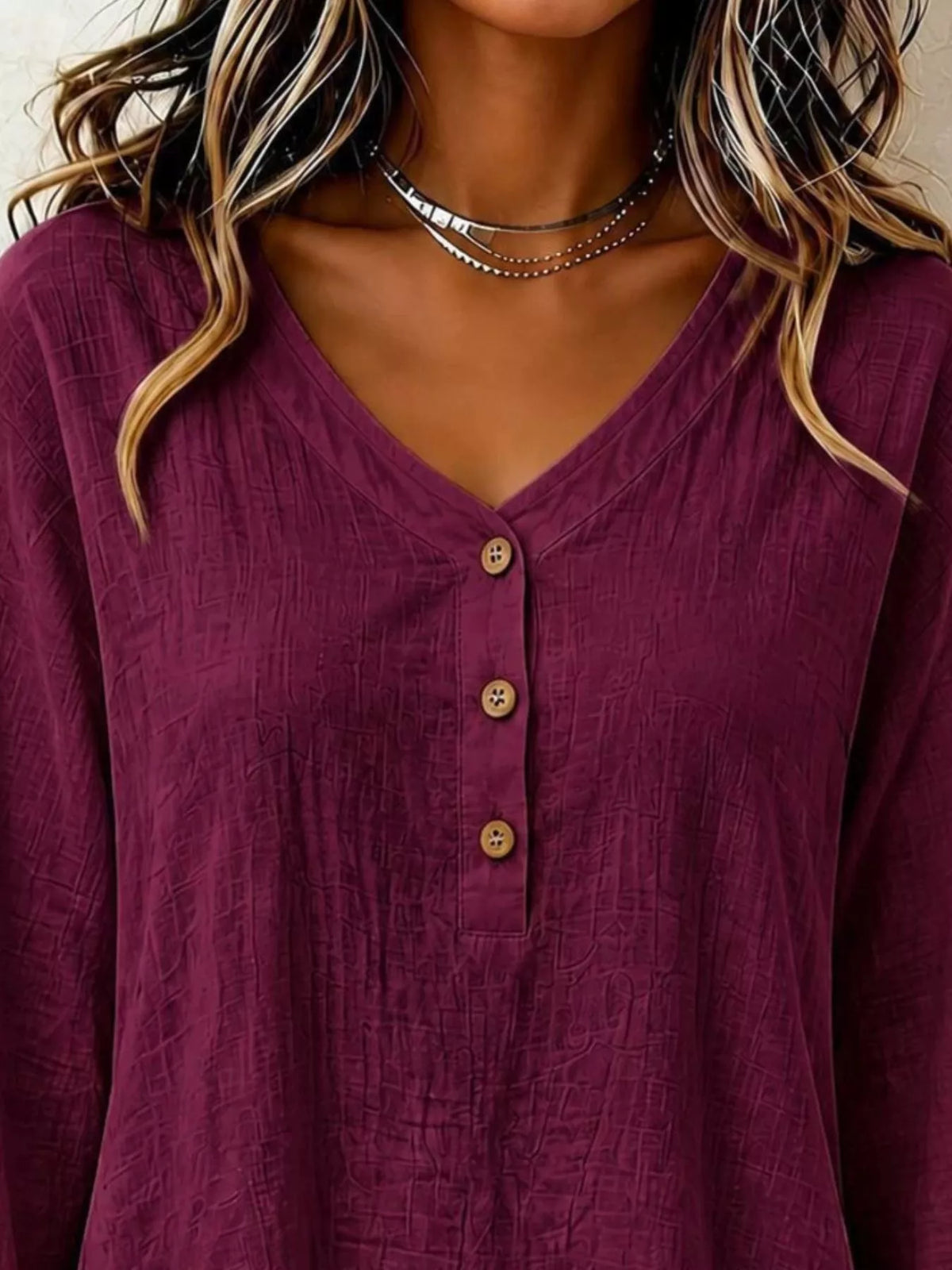 V-Neck Long Sleeve Button Detail Ruffled Hem Blouse