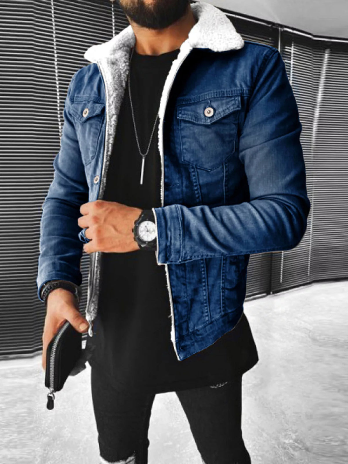 Men's Full Size Sherpa-Lined Denim Jacket Plus Size - Dark Blue